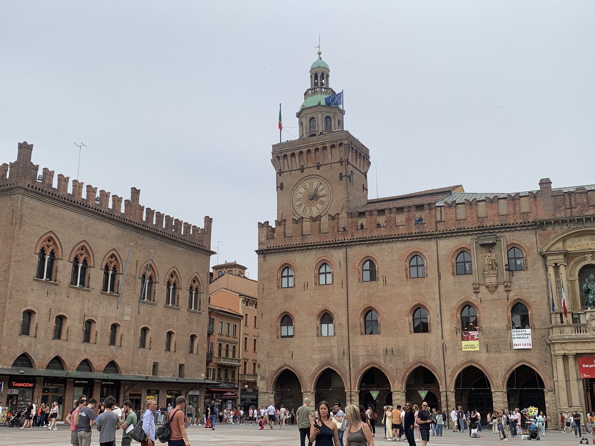 Piazza Maggiore and the clock tower of Palazzo d'Accursio